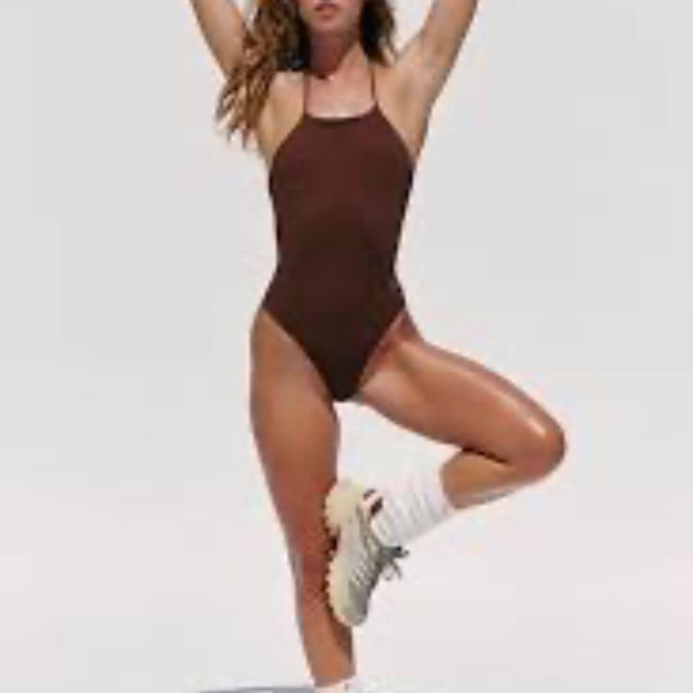 Free People Brown Halter Tie Thong Bodysuit Sz M
